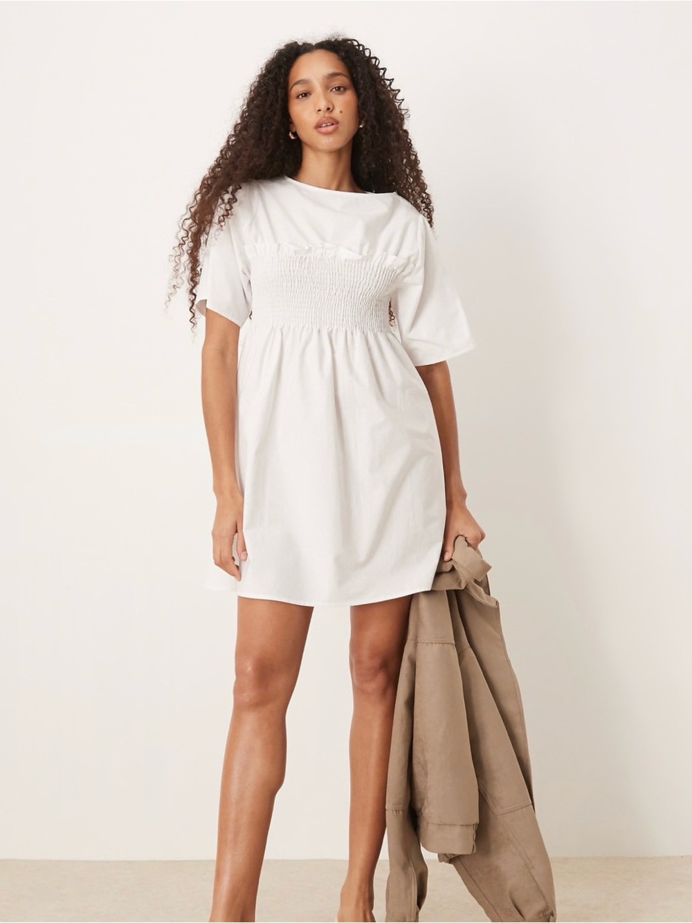 LAST CHANCE 🚨 ASOS DESIGN shirred babydoll trapeze mini dress in white